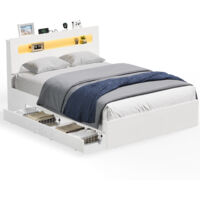 Vasagle – Lit double 140 x 190 cm avec 2 tiroirs coulissants – Structure en acier – 3 ports USB et lumière RVB – Blanc mat