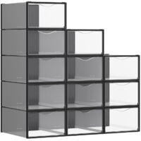 Songmics – Boîtes à chaussures transparentes et noires – Lot de 12 – Empilables – Montage facile – Dimensions 33,2 x 23 x 14,5 cm – Pour pointure jusqu'à 43