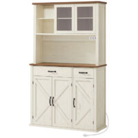 Vasagle – Meuble de rangement avec lumières – Placard de cuisine avec multiprise intégrée – Étagères réglables – 39,5 x 106,5 x 180,6 cm – Blanc rustique et marron miel