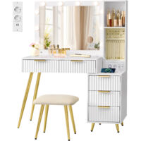 Vasagle – Coiffeuse enfant avec miroir et tabouret – Éclairage LED réglable – Plateau à bijoux amovible – 40 x 110 x 135 cm – Blanc nuage