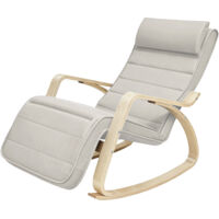 Fauteuil à Bascule avec Repose-Pieds, Réglable sur 5 Niveaux, avec Accoudoirs en Bois, pour Salon, Beige et Naturel