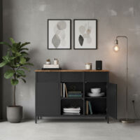 Armoire de Rangement, à Double Portes, Fermeture Magnétique, Étagères Réglables, Cadre en Acier, Marron et Noir