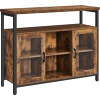 Buffet, Placard Rangement 2 Portes en Verre Transparentes, avec Planches réglables, 100 x 35 x 80 cm, Style Industriel, Marron Rustique et Noir