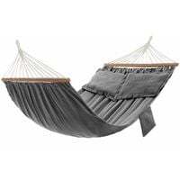 Hamac, Hamac d'extérieur de camping, Lit suspendu, 2 barres en bois, avec 2 oreillers, capacité de charge 300 kg, 210 x 150 cm, Gris GDC022G01