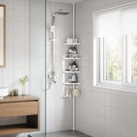 Songmics – Étagère de douche télescopique 85-305 cm – Rangement sans perçage à 4 niveaux – Ventouses pour stabilité – Charge max 3 kg par niveau – Blanc
