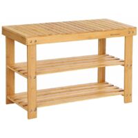 Songmics – Banc étagère à chaussures en bambou naturel 3 niveaux – Charge 120kg – Dimensions 70 x 28 x 45cm – Pour entrée, salon, salle de bain – LBS04N