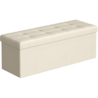 Songmics – Banc de rangement pouf pliable 38 x 110 x 38 cm – Repose-pieds avec capacité 300 kg – Tissu façon lin – Blanc crème – Coffre de rangement