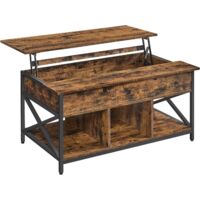 Vasagle – Table basse relevable marron rustique et noir – Rangement ouvert et compartiment caché – Dimensions 60 x 100 x (48-62) cm – Charnières anti-bruit