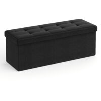 Songmics – Banc de rangement pouf pliable 38 x 110 x 38 cm – Charge 300 kg – Tissu façon lin noir – Coffre de rangement pour salon et chambre