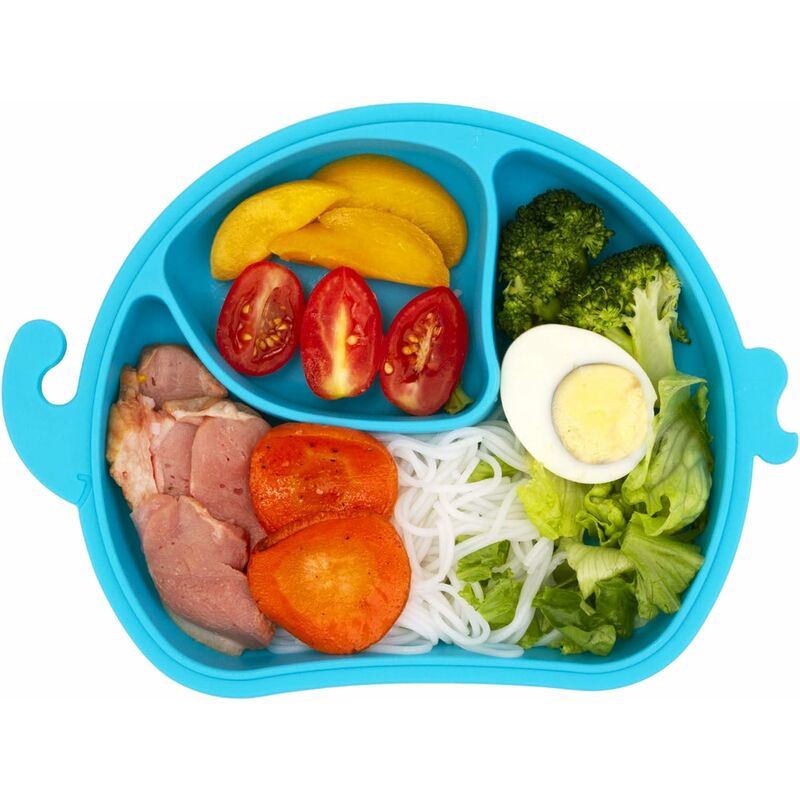 Placa de silicona para bebés, placa de alimentación antideslizante para niños pequeños con succión fuerte, lavavajillas y horno de microondas (azul elefante)