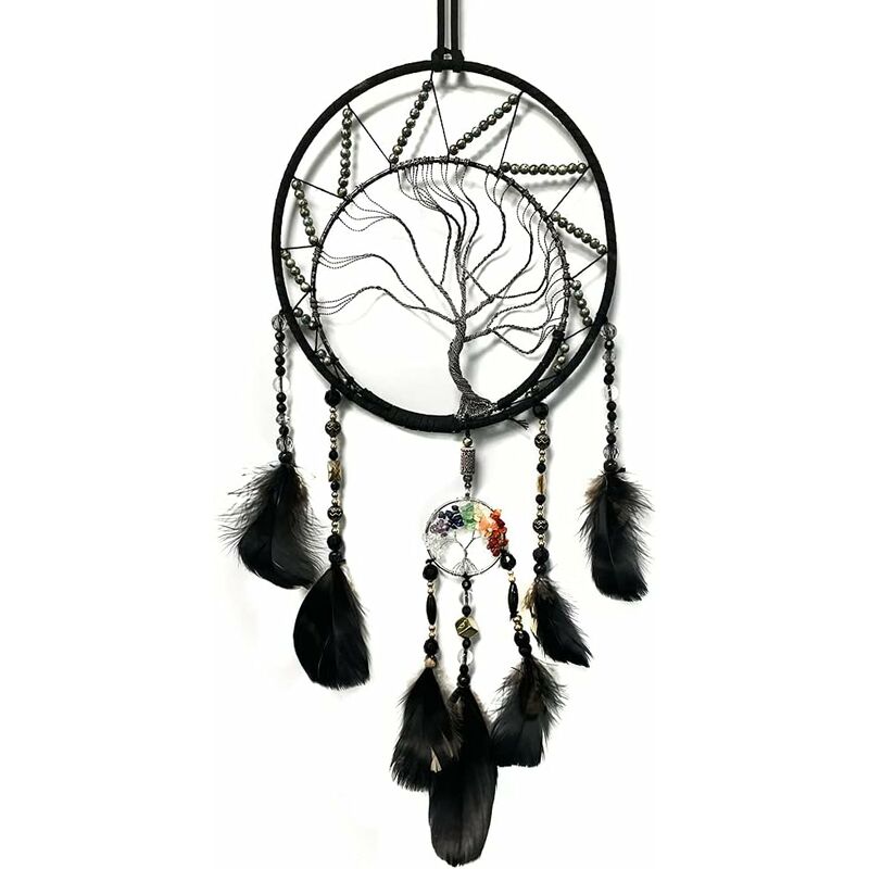 Atrapasueños Árbol de la vida con chakras arco iris Pluma de cristal negro Atrapasueños Hecho a mano Nativo americano Atrapasueños para habitación de niños Colgar en la pared Decoración del hogar Adornos Boda Fiesta Bendición Regalo