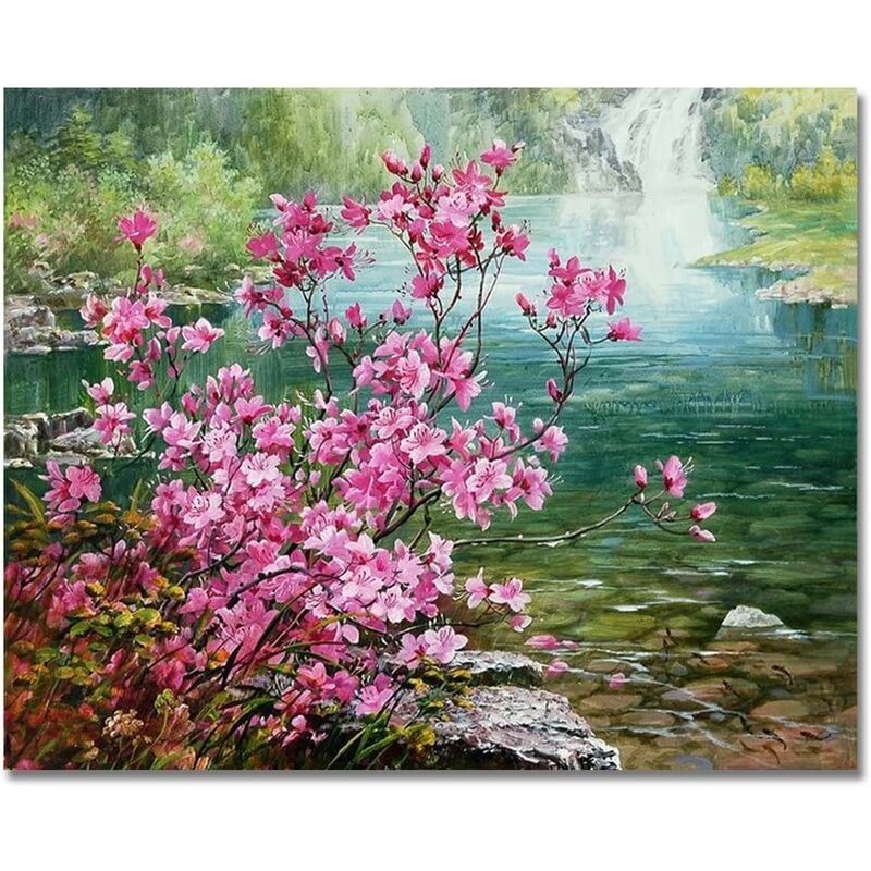 Sin marco, kits de pintura por número con pinceles y pinturas acrílicas para adultos, niños, personas mayores, principiantes, flores de río, 16 x 20 pulgadas