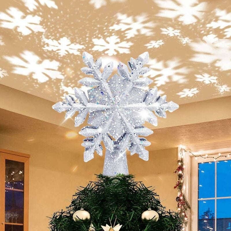 Proyector LED de copo de nieve plateado para árbol de Navidad, adorno brillante para árbol de Navidad, patrón de copo de nieve dinámico brillante, decoración eléctrica para árbol de Navidad, decoración para árbol de Navidad