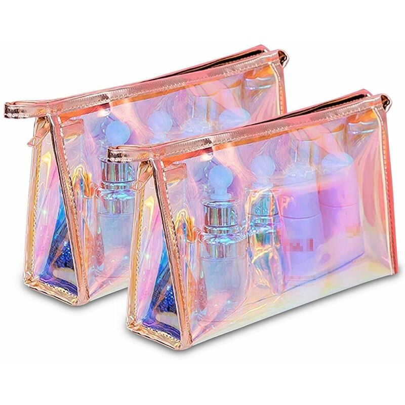 Bolsa de maquillaje holográfica, paquete de 2 bolsas de maquillaje iridiscentes para artículos de tocador cosméticos, lápiz, cepillo, bolsas de almacenamiento de maquillaje para mujeres, niñas, adolescentes, damas de honor, ideal para viajes, regalos, 2 unidades