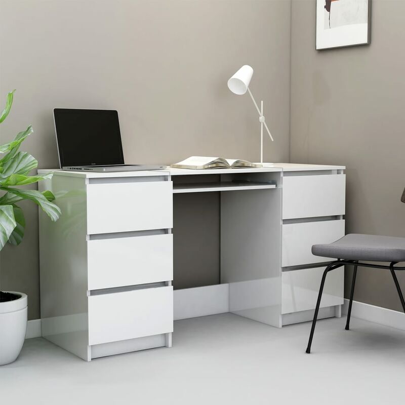 Escritorio moderno de madera maciza para computadora de oficina en casa,  estación de trabajo estable y duradera, con 2 cajones y soporte para CPU