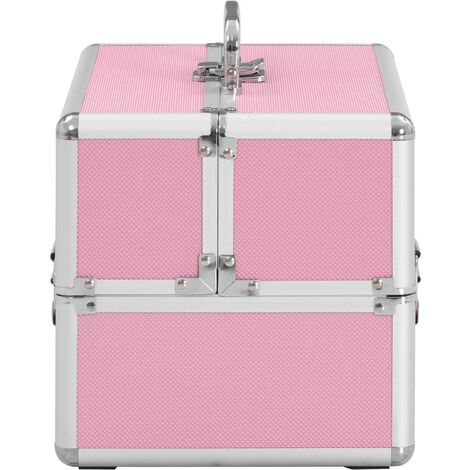 Maleta profesional de maquillaje con cuatro bandejas extensibles color rosa  y plata Songmics