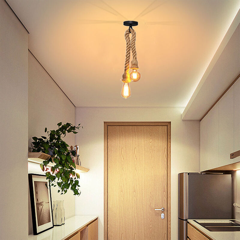 MZStech Lampe Suspension Industrielle 6 Lampes Bambou Et Chanvre - Rétro Pour Salle à Manger