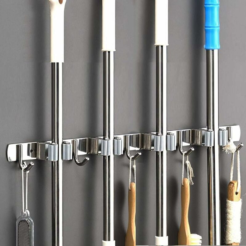 Stainless Steel Wall Mounted Broom Holder Wall Mounted Broom Hanger with 4 Slots and 5 Hooks for Kitchen Bathroom Garage and Garden Grey