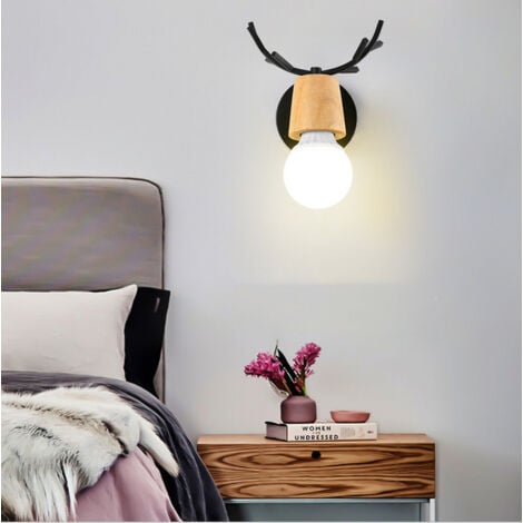 Applique Murale Moderne Lampe Murale Au Design Simple Applique Murale En Bois Et Métal Pour Chambre À Coucher, Salon, Chambre D'Enfant (Noir)
