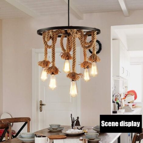 Lustre D'Intérieur Rétro Lampe À Suspension Vintage En Corde De Chanvre Plafonnier À Roue Créative 6 Lumières Pour Salon Loft Restaurant Bar