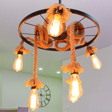 Lustre D'Intérieur Rétro Lampe À Suspension Vintage En Corde De Chanvre Plafonnier À Roue Créative 6 Lumières Pour Salon Loft Restaurant Bar
