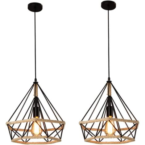 2PCS Suspension Luminaire En Corde De Chanvre Lustre Rétro Plafonnier Diamant Noire Pour Bureau, Couloir, Restaurant, Loft, Bar, Café, 25CM (1/4)