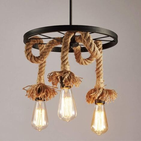 Lustre D'Intérieur Rétro Lampe À Suspension Vintage En Corde De Chanvre Plafonnier À Roue Créative 3 Lumières Pour Salon Loft Restaurant Bar