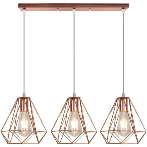 Ø20CM Plafonnier Rétro Or Rose Lustre Vintage 3 Lumières Lampes Suspendues Industrielles Suspension Luminaire Diamant Abat-Jour En Fer En Métal