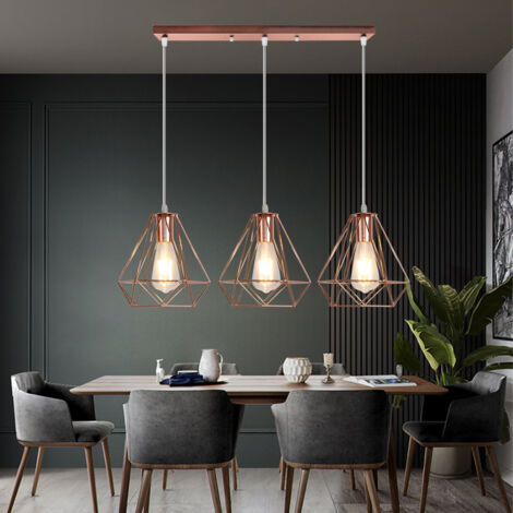 Ø20CM Plafonnier Rétro Or Rose Lustre Vintage 3 Lumières Lampes Suspendues Industrielles Suspension Luminaire Diamant Abat-Jour En Fer En Métal