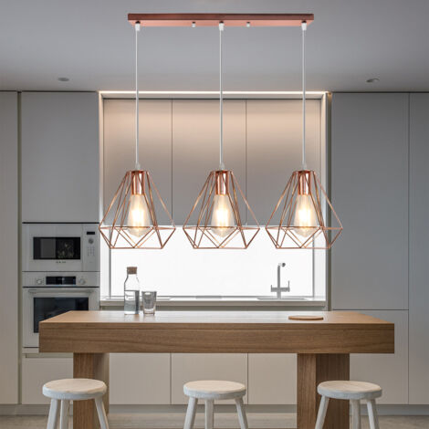 Ø20CM Plafonnier Rétro Or Rose Lustre Vintage 3 Lumières Lampes Suspendues Industrielles Suspension Luminaire Diamant Abat-Jour En Fer En Métal