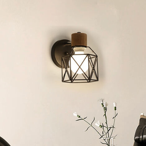 Applique Murale Rétro Moderne Lampe Murale Nordique Applique Murale En Bois Métal Applique Murale Vintage Ampoule E27 (Noir)