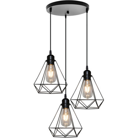 Lampes À Suspension Industrielles Suspension Luminaire Antiques À 3 Lumières E27 Lustre Rétro En Métal Et Fer Plafonnier Vintage En Diamant Noir 20CM (1/5)