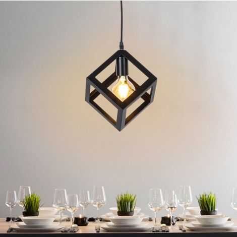 Stoex – Suspension luminaire cube en métal noir – Lustre rétro vintage 22x16cm – Ampoule E27 60W max – Installation facile pour lofts et cuisines
