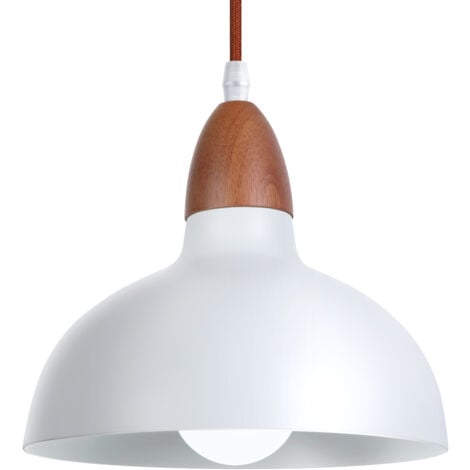 Suspension Lustre Rétro E27 Lustre En Bois, Abat-Jour En Métal Ø19CM, Plafonnier Moderne Pour Salle À Manger Chambre Café, Blanc