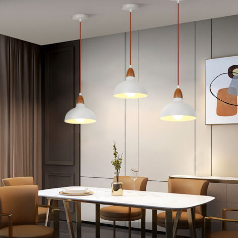 Suspension Lustre Rétro E27 Lustre En Bois, Abat-Jour En Métal Ø19CM, Plafonnier Moderne Pour Salle À Manger Chambre Café, Blanc