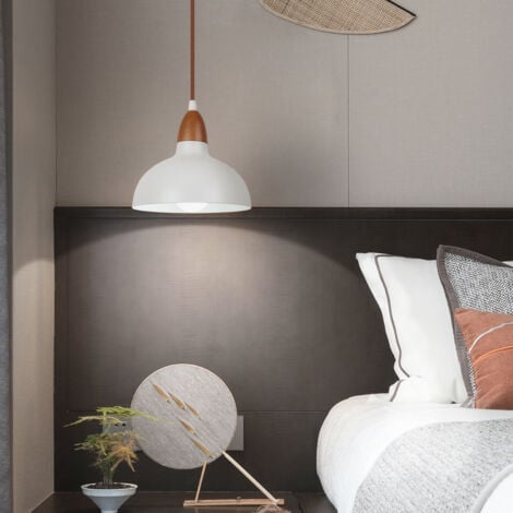 Suspension Lustre Rétro E27 Lustre En Bois, Abat-Jour En Métal Ø19CM, Plafonnier Moderne Pour Salle À Manger Chambre Café, Blanc