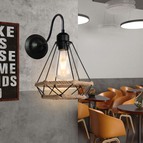 Applique Murale Rétro Vintage Applique Murale En Corde De Chanvre Ø20CM Lampe Murale En Cage Métallique Pour Café Bureau Salon Bar Noir