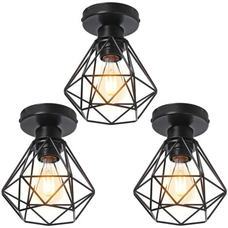 3PCS Plafonnier Rétro Noir Lampe De Plafond E27 Cage En Métal Luminaire Plafonnier Vintage D'Intérieur (1/5)