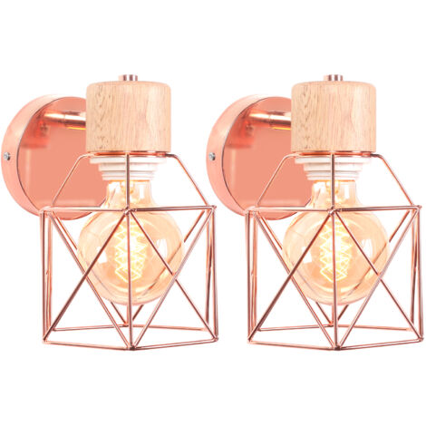(2X) Applique Murale Rétro Moderne Lampe Murale Nordique Applique Murale En Bois Métal Applique Murale Vintage Ampoule E27 (Or Rose)
