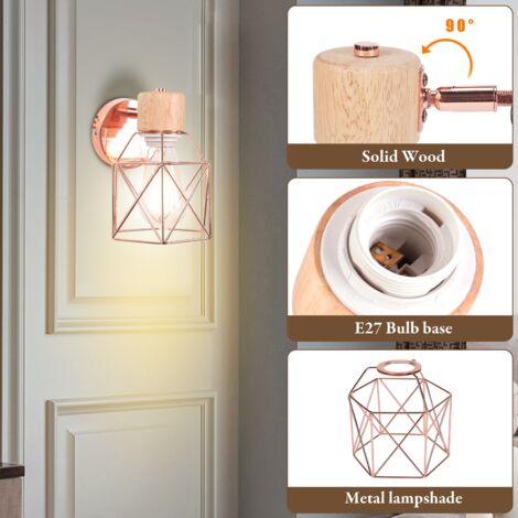 (2X) Applique Murale Rétro Moderne Lampe Murale Nordique Applique Murale En Bois Métal Applique Murale Vintage Ampoule E27 (Or Rose)