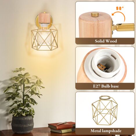 Applique Murale Rétro Moderne Lampe Murale Nordique Applique Murale En Bois Métal Applique Murale Vintage Ampoule E27 (Or)