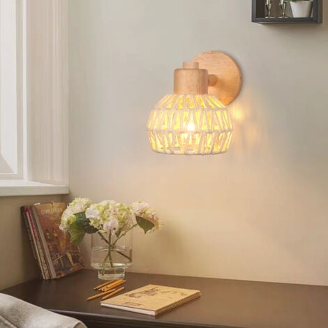 2PCS Applique Murale Intérieure 15CM Lampe Murale Réglable en Bois et Rotin Rétro E27 Luminaire Applique Vintage pour Chambre Salon (Blanc)