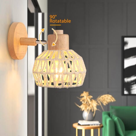2PCS Applique Murale Intérieure 15CM Lampe Murale Réglable en Bois et Rotin Rétro E27 Luminaire Applique Vintage pour Chambre Salon (Blanc)