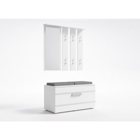 Hucoco – Meuble d'entrée avec miroir et banc de rangement – 6 crochets – Dimensions 35x85x180 cm – Finition blanc mat – Assemblage facile