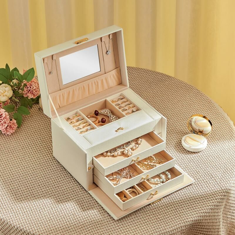 Boîte à Bijoux, Coffret à Bijoux en Cuir Artificiel avec Miroir, Amoire à Bijoux voyage portable, pour Bagues, Boucles d’Oreille, Bracelets, Champagne - Meerveil 4