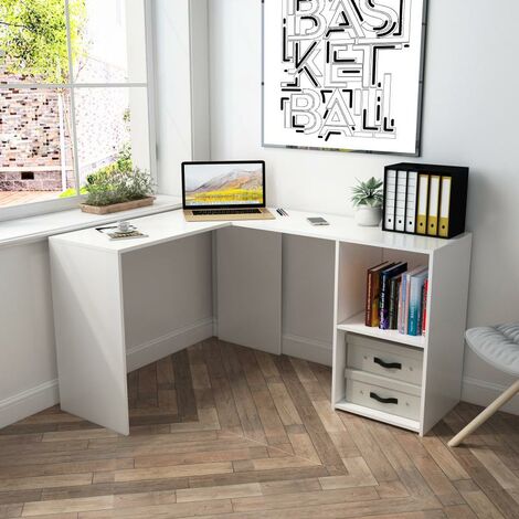 Bureau d'angle avec Rangement 2 Étagères,bureau informatique, bureau d'ordinateur, Bois, Blanc-Mondeer