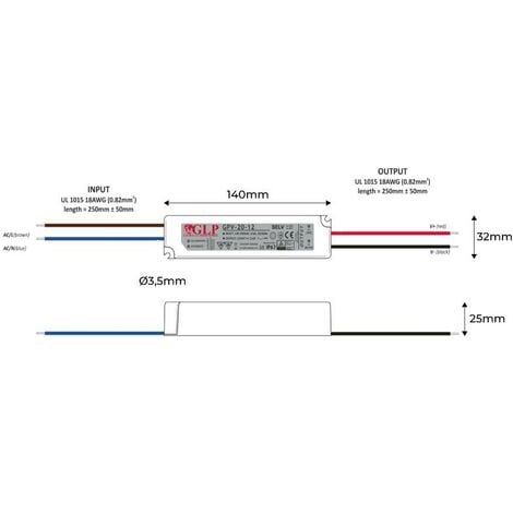 Alimentation LED DC12V 20W 2A Étanche IP67 GLP