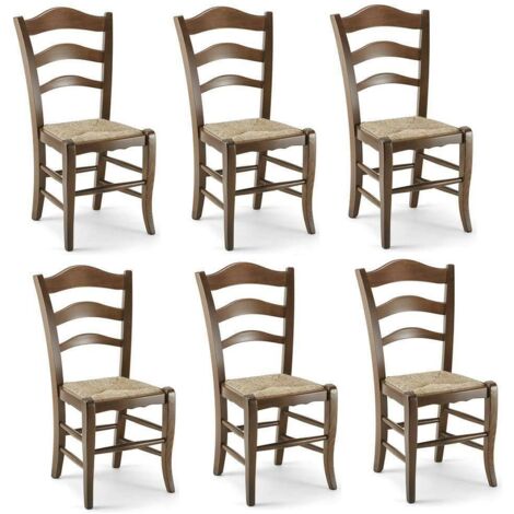 Set 6 chaises Montanara en bois massif noyer foncé assis en paille maison hôtel (1/4)