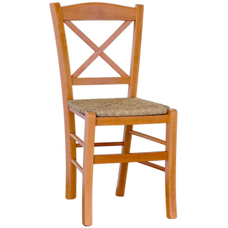 Chaise de salle à manger Paesana croix en bois cerisier avec assise en paille (1/5)
