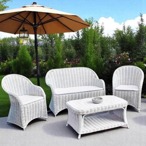 Salon Rome avec 1 canapé 2 fauteuils 1 table basse en rotin tressé blanc